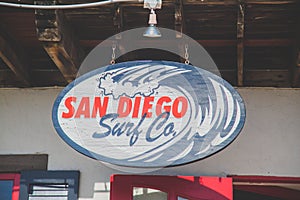 Sign for the surfing area in Seaport Village, San Diego Bay