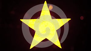 Sign template isolated on black background. Neon yellow star social media symbol reaction glowing in darkness with water