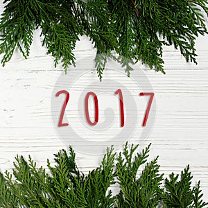 2017 sign text on green tree branches frame on stylish white rustic wooden background. space for christmas text. holiday greeting