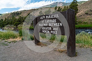 SIgn for 45th Parallel of Latitude in Yellowstone National Park