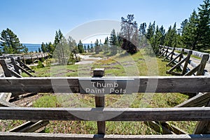 Sign for the Thumb Paint Pots, in the West Thumb Geyser Basin in Yellowstone National Park