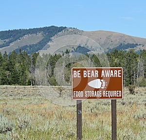 A sign to Be Bear Aware to keep your food secured away from Bears. Grand Teton National Park, Wyoming