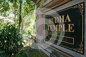 Sign to Buddha temple in Ubud, Bali Island. Indonesia