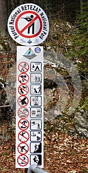 Sign for tourist in Retezat National Park in autumn.