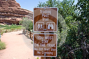 Sign for the Trading Post Trail in Red Rocks Park and amphitheater in Morrison Colorado