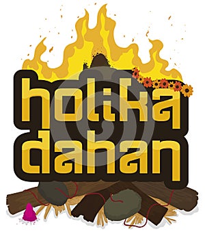 Sign with Traditional Pyre and Elements for Holika Dahan, Vector Illustration