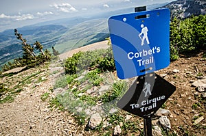 A sign for the trail head of Corbet`s Trail in Jackson Hole Wyoming leads into the Teton