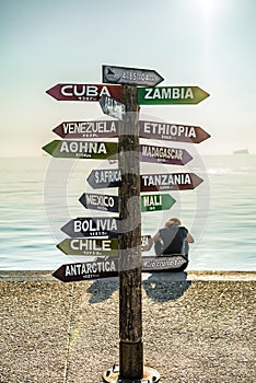 Sign of travel destinations with kilometers of distance