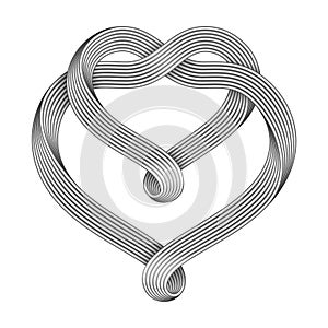 The sign of the union of two hearts made of intertwined metal wire bundles. Symbol of infinite love
