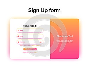 Sign up form, web design, UI UX registration interface with gradient, vector illustration.