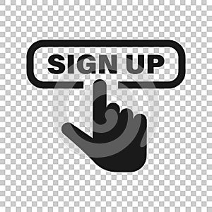 Sign up icon in transparent style. Finger cursor vector illustration on isolated background. Click button business concept