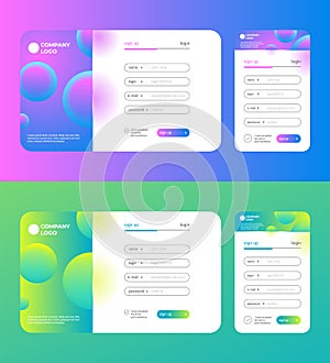 Sign up login form for mobile and desktop app and web site, purple blue neon and yellow green set