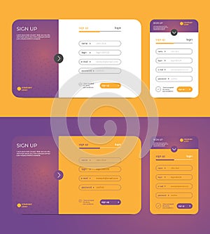 Sign up login form for mobile and desktop app and web site, purple and yellow set