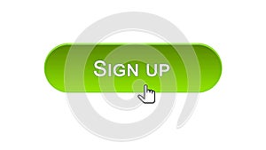 Sign up web interface button clicked with mouse cursor, green color, online