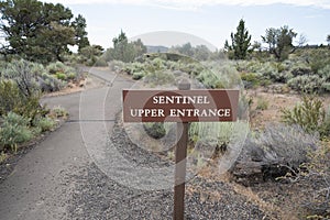 Sign for the Upper Entrance to the Sentinel Cave in Lava Beds National Monument in California USA