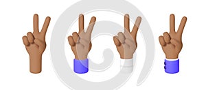 Sign of victory or peace. Gesture V. African American hand. Set of 3d Cartoon Character Hand with different sleeves. Icons