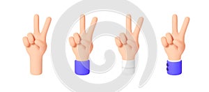 Sign of victory or peace. Gesture V. Set of 3d Cartoon Character Hand with different sleeves. Icon for Applications, Web, T-shirts