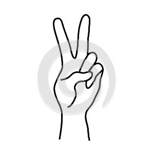 Sign of victory or peace symbol. Hand gesture of human, black line icon. Hand drawn two fingers raised up silhouette