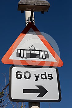 Sign warning of location of trams by the road in Birkenhead Wirral April 2019