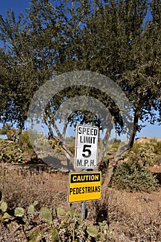 Signs warning motorists and pedestrians