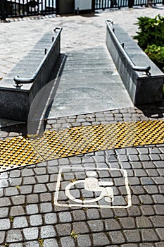 Sign, warning, about the path descent for the disabled