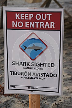 Sign warning about shark sighting along Pacific Coast photo