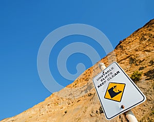 Sign warning of unstable cliffs at Jan Juc, Great Ocean Road, Victoria, Australia