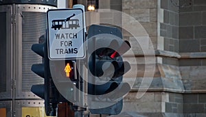 Sign of watch for trams with traffic light in Melbourne