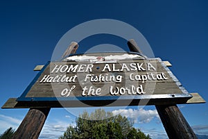 Sign welcomes visitors to Homer Alaska on the Kenai Peninsula