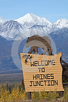 Sign welcoming visitors to Haines Junction, Yukon