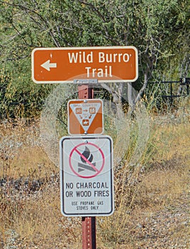 A Sign for Wild Burro Trail and use courtesy on the trail. No fires allowed sign as well
