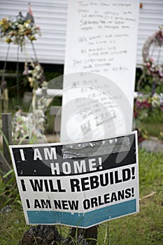 Sign in yard after Hurricane Katrina, New Orleans