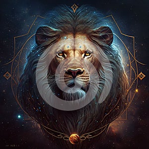 Lion in space. Zodiac sign Leo. Cosmic background