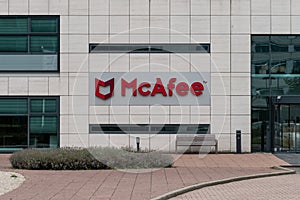 Signage with logo at the headquarters of virus removal and cybersecurity company McAfee