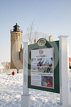 Signage at Old Mackinac Point Lighthouse, Mackinac City, Michigan in winter