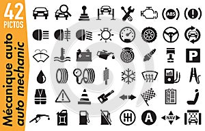 42 signage pictograms on automobile mechanics