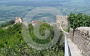 Signagi town fortress in Georgia, Kahety region, roofs and church tower on the background