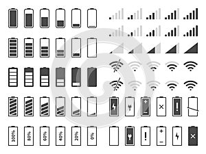 Signal and battery icons. Network signal strength and telephone charge level. Battery status, wifi internet wireless