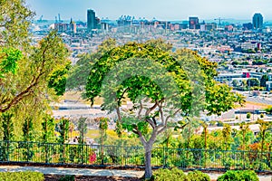 Signal Hill has a wonderful view through the clearing fog of the colorful and varied skyline of Long Beach, California