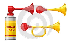 Signal horn set isolated on white background. Air horn, sound signal. Rubber bike klaxon trumpet. Vector illustration