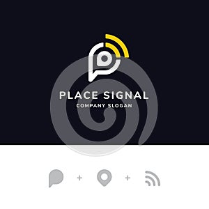 Signal logo concept with wave, pin and chat icon. Logo for radio, tv, and internet provider. premium vector