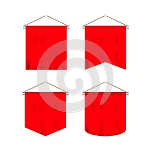 Signal red long sport advertising pennants banners samples on pole stand support pedestal realistic set. Vector illustration