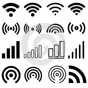 Signal set vector icons. Radio signals waves and light rays, radar, wifi, antenna and satellite signal symbols. Wireless technolog