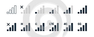 Signal strength 4g mobile phone reception bar icon. 5g signal strength level smartphone status bar network lte level.