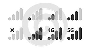 Signal strength indicator set, mobile phone bar status icon. No signal symbol, 4g and 5g network connection level sign. Vector photo