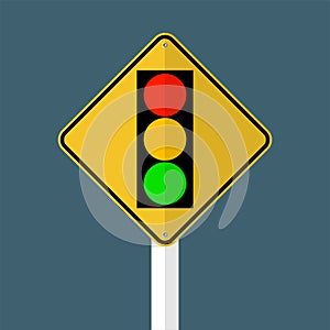 Signal traffic light green yellow red sign isolated on grey sky background.Vector illustration