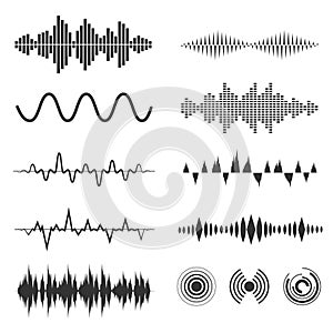 Signal wave set. Vector analog signals and digital sound waves forms