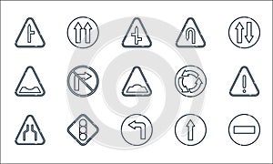 signaling line icons. linear set. quality vector line set such as forbidden, turn left, narrow, ahead only, traffic lights, bump,