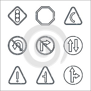 signaling line icons. linear set. quality vector line set such as go straight or right, t junction, danger, two way, no turn right