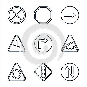 signaling line icons. linear set. quality vector line set such as two way, traffic lights, roundabout, bridge, turn right,